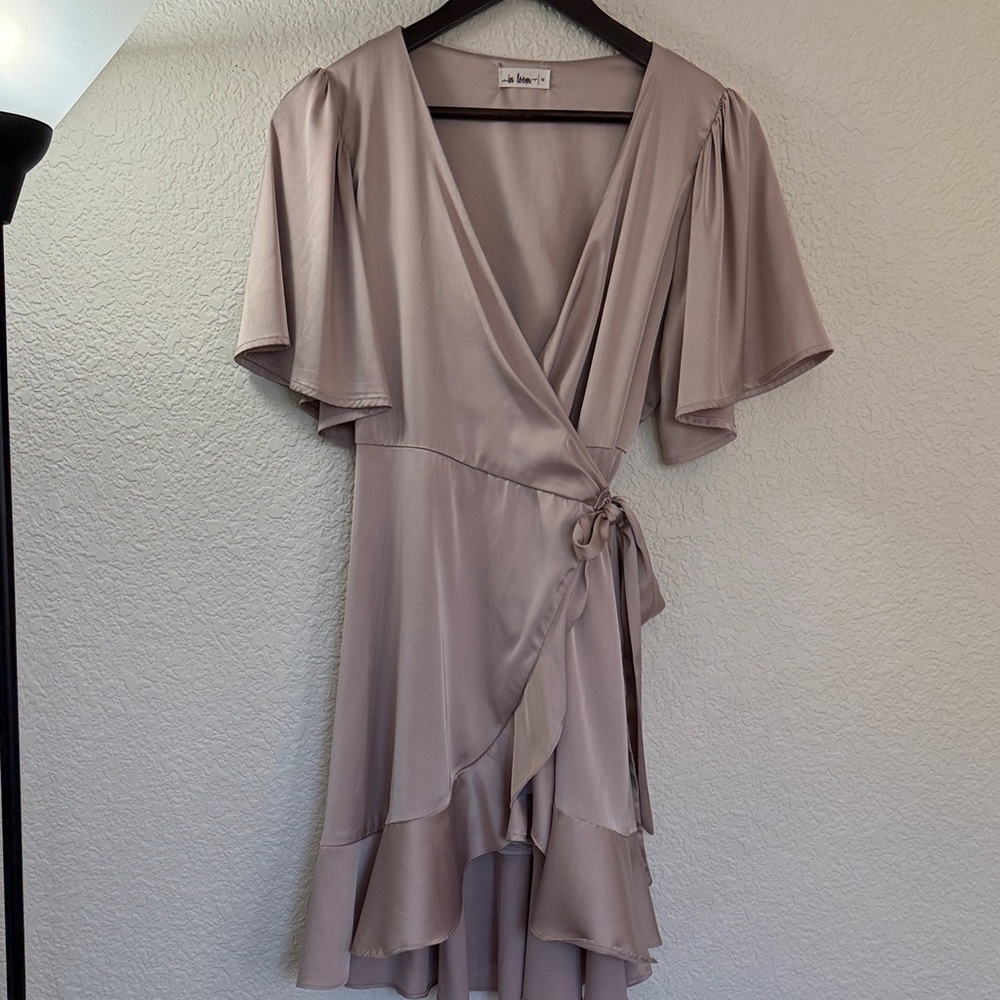 Satin‎ Wrap Dress in Champagne With Ruffled Asymmetric Hem - Picture 2 of 16